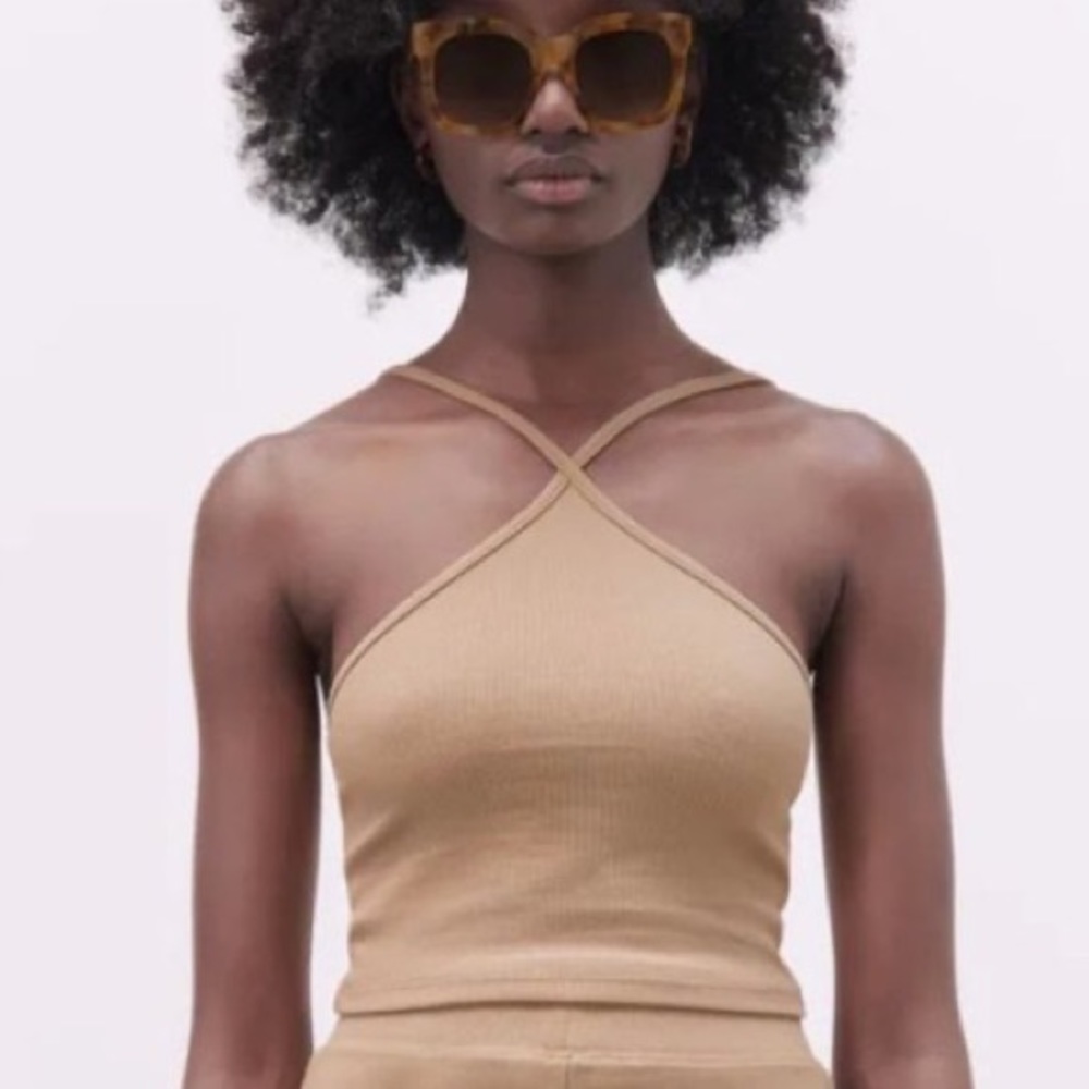 Zara Ribbed Tan Criss Cross Crop Top NWOT